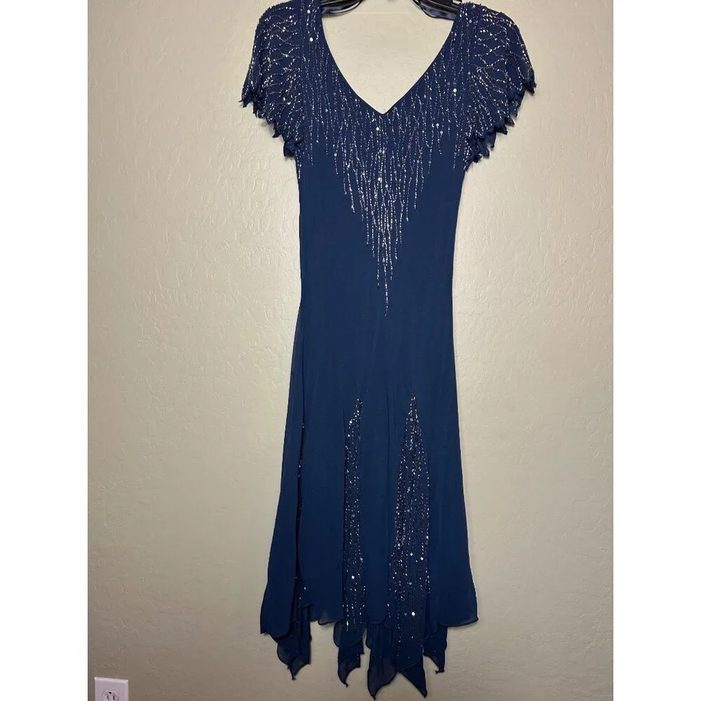 J Kara Women's Hanky Hem Beaded Cocktail Dress, Navy/Mercury, 6 - Picture 6 of 6